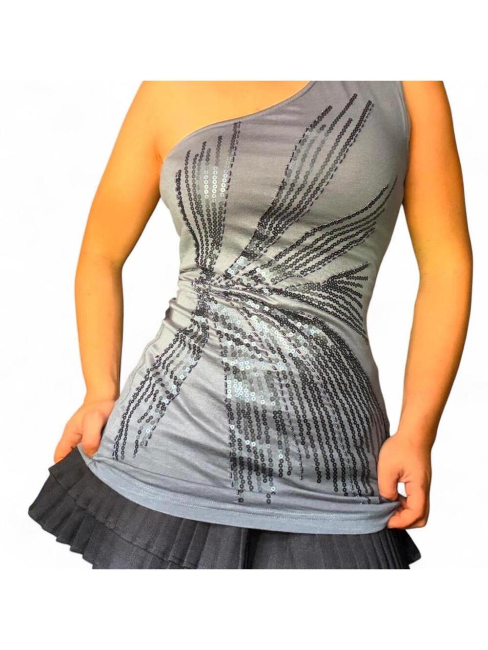 Y2K 2000s grunge chic gray one shoulder top